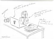 Hand-drawn self-portrait at desk by Yujia Zhang